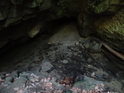 Křtinský potok v poněkud skrytém úseku překryt skalou.
