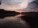 Romantický východ Slunce v optické prohlubni mezi stromy za Františkovým rybníkem.