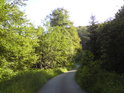 Prudký spád úzké horské silnice z Modřínového vrchu.
