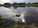 Slunce za mraky schované se zrcadlí v hladině rybníka Návesník u Vortové.
