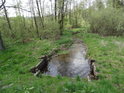 Chobotovský potok pod hrází opouští rybník Velká Kamenice.